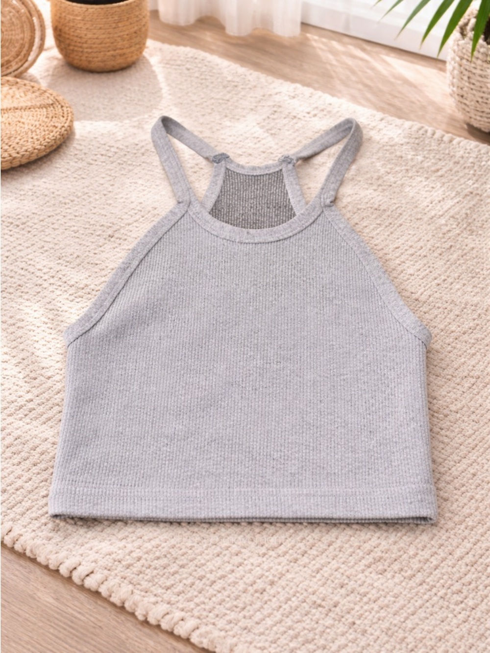Free People Movement Ribbed Crop Tank Gray High Neck Strappy XS S